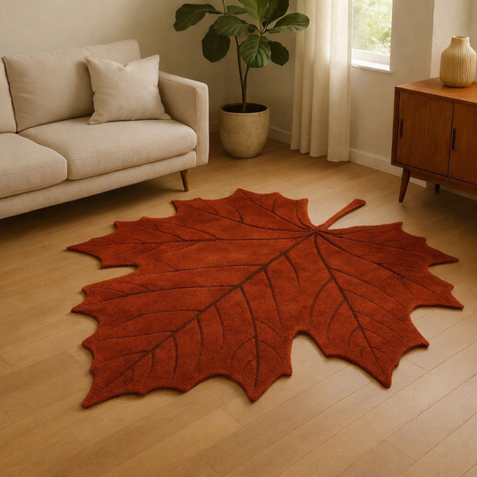 Leaf-shaped rug on a wooden floor in a living room setting