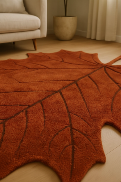 Leaf-shaped rug on a wooden floor in a living room setting
